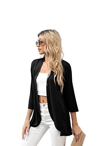 HIYIYEZI Women's Casual Lightweight Open Front Cardigans Soft Draped Ruffles 3/4 Sleeve Cardigan3