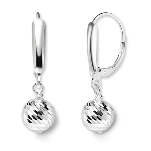 Sea of Ice Sterling Silver Ball Beads Leverback Drop Dangle Earing– Diamond-Cut 8mm Ball Beads - Elegant Sterling Silver Earrings for Women – Nickel-Free Jewelry