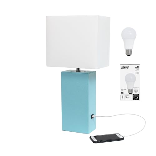 Elegant Designs LT1053-AQU-LB Modern Leather Wrapped Table Lamp with USB Port for Living Room, Hallway, Entryway, Bedroom, Office, Aqua, with Feit LED Bulb Included