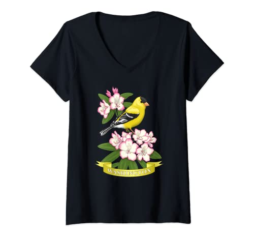 Mujer Washington State Bird Jilguero y flor de rododendro Camiseta Cuello V