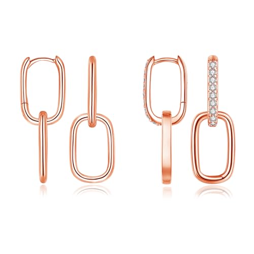 Cangall Ohrringe Silber 925 Mit Anhänger, 2 Paare Sterling Silber Damen Ovale Creolen Set, Doppelt Eckige Hängend Rose Gold, Schlafen Knorpel Geometrische Ohrhänger