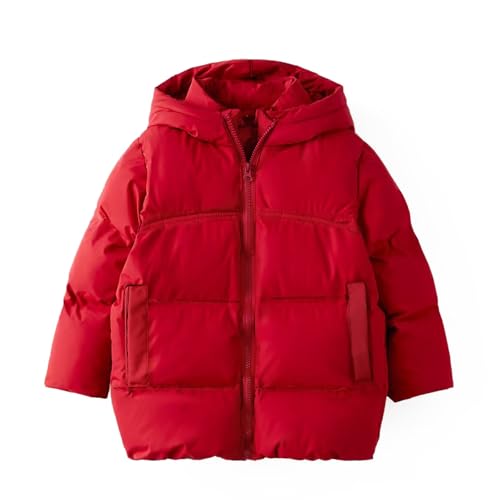 Boys Girls Winter Coats Thicken Warm Hooded Puffer Padded Jackets Kids Mid Long Down Coat Zip (Red, 5-6 Years)