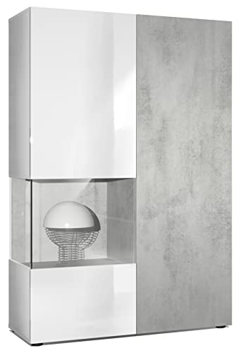 Vladon Vitrine Kommode Hochschrank Morena, Made in Germany, Korpus in Weiß matt/Rechte Tür und der Einsatz in Beton Oxid Optik