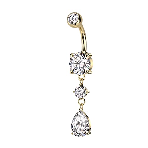 Pierced Owl 14GA 316L Stainless Steel CZ Crystal Tear Drop Dangling Belly Button Ring