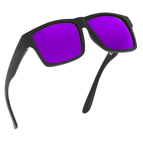 Image of TOROE TR90 Square Frame Grade A Polarized Black Emblem Sunglasses with Anti Reflective Water Repellent Polycarbonate Lenses (Matte Black Frame, Purple Mirror (Category 3))