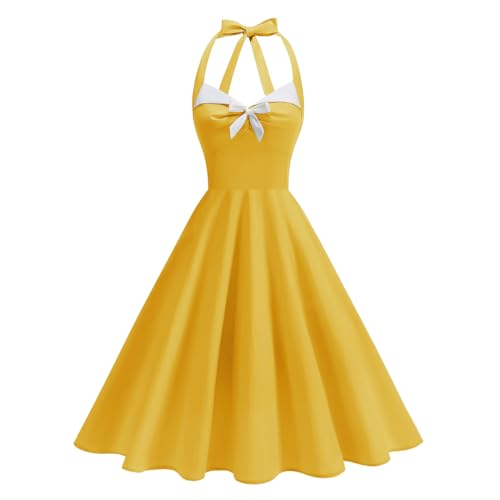 50er Jahre Vintage Kleider für Damen 1940er 1950er Jahre Kleider für Frauen Pinup Coctail Party Bowknot Retro Audrey Hepburn Rockabilly Kleid, gelb,...