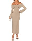 ZESICA Women's Fall Off Shoulder Sweater Dress 2025 Bell Long Sleeve Ribbed Knit Bodycon Formal Maxi Dresses Apricot Small