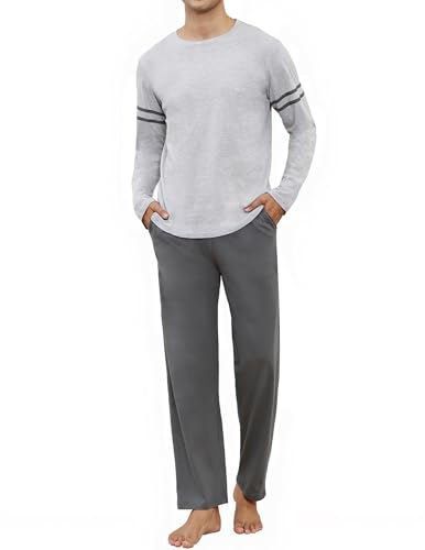 El Mejor Listado de Pijamas Caballero - 5 favoritos. 45 Reliwel Conjunto Pijama Algodon Hombre Cuello Redondo Camisetas Manga Larga y Pantalones Pijamas para Hombre Casual Suave Ropa de Dormir Gris X-Grande