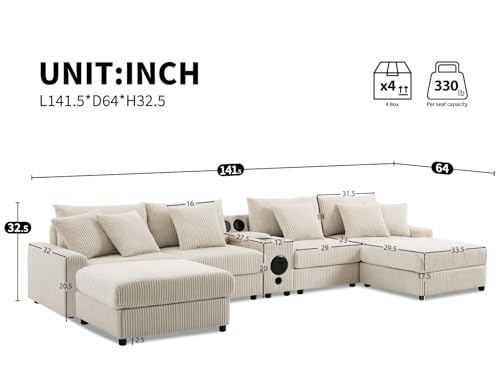 Image of Merax 6 Seater Corduroy Sectional Modular Couch Sofa w /Bluetooth Speakers, U Shaped Deep Seat Cloud Comfy Couches Sofa w /Console, USB Charger, Cup Holders, Storage, Ottoman Chaise for Living Room