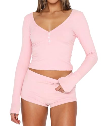 INFITTY Womens Sexy Vneck 2 Piece Sets Casual Long Sleeve Button Short Pajama Outfit 2025 Fall Trendy Crop Top Nightwear