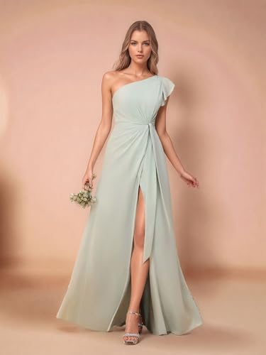 One Shoulder Ruffles Bridesmaid Dresses A-Line Ruched Long Chiffon Formal Evening Gowns with Slit3