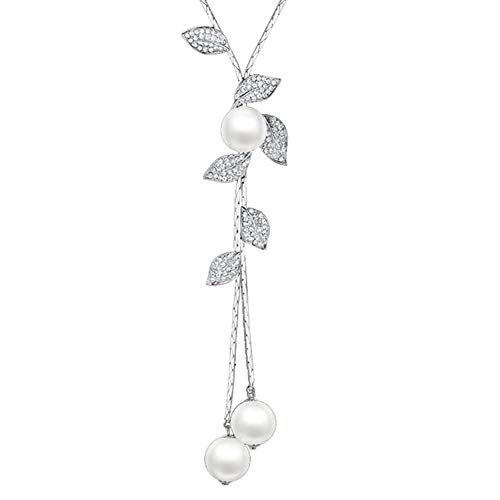 Academyus Ladies Fashion Faux Pearl Tassel Leaves Pendant Long Chain Sweater Necklace - Silver