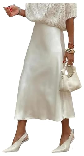 Women's High Waist Satin Ankle-Length A-Line Polyester Skirts for Spring Summer Casual Wear