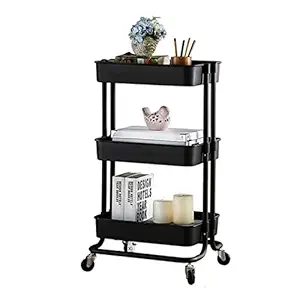 ATORSE 3-Tier Rolling Storage Organizer Kitchen Mobile Cart with Wheels, Plastic Black