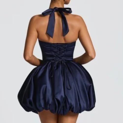 Image of Women's Y2K Sexy Halter Corset Mini Dress Backless Corset Bubble Ruched Waist Club Party Dresses