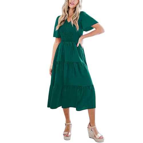 Robe d'été superposée à Smocks Floraux Boho à Manches Courtes col en V avec poches