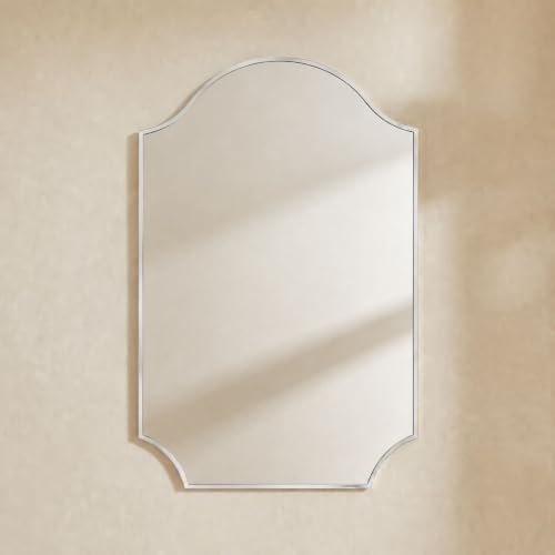 Image of TEHOME 24x32'' Scalloped Polished Nickel Bathroom Vanity Mirror, Silver Metal Framed Bathroom Mirror