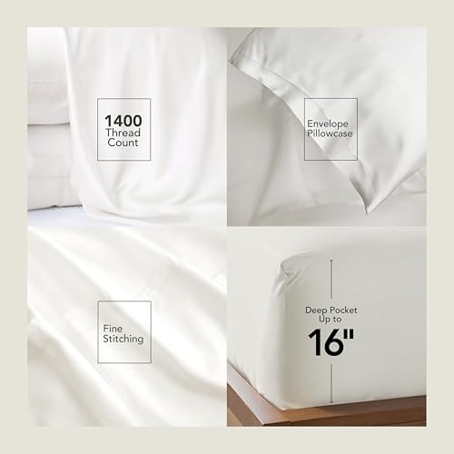 Image of Epitex Solid 4 Piece King Sheet Set - Viscose Derived from Bamboo, 1400 Thread Count, Breathable and Cooling Bed Sheets Set, Luxurious Bedding for Hot Sleeper, Deep Pocket up to 16'', Beige