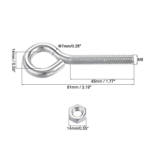 Image of uxcell M8x50mm Eye Hooks Screws Bolts Kit, 10pcs Carbon Steel Hanger Eyelet Hooks Screw with Hex Nuts for Metal Hook, Wood Terminal Ring Hooks
