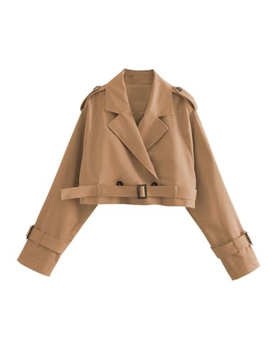 Xiaoxuemeng Womens Cropped Bike Jacket Casual Double Breasted Trench Coat with Belt(Camel-S)