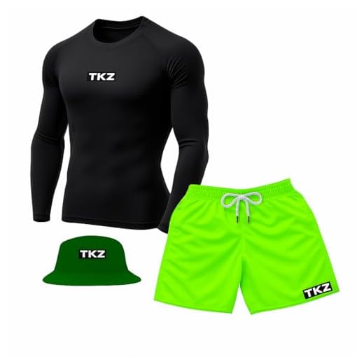 Kit Praia TKZ Short de Praia + Camiseta Térmica Manga Longa + Chapéu Bucket (Padrão, Preto/Verde, GG)