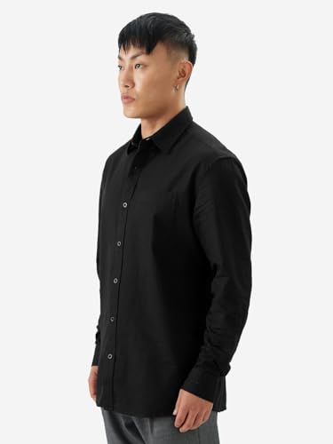 Image of The Souled Store Bold Black Men and Boys Long Sleeve Collared Neck Buttoned Front Regular Fit Cotton Linen Shirts