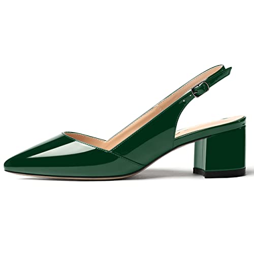 MERRORI Women's Solid Block Pointed Toe Slingback Buckle Patent Chunky Low Heel Pumps Shoes 2 Inch2