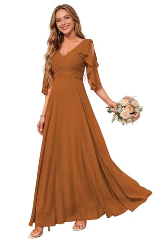 Image of Women Bridesmaid Dresses with Sleeves for Wedding V Neck Chiffon Long A Line Pleated Formal Evening Gown