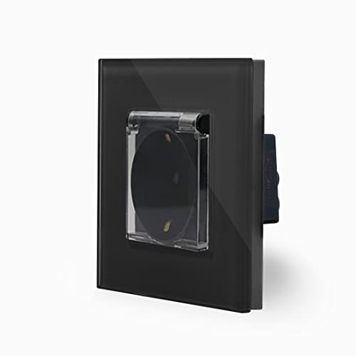 Luxus-Time Steckdose Schuko mit Abdeckung im einfachen Design Glasrahmen für die DE Unterputzdose Einbau Stecker mit Deckel Spritzwassergeschütz IP44 in schwarz LXBG1-LX-71Cover-12