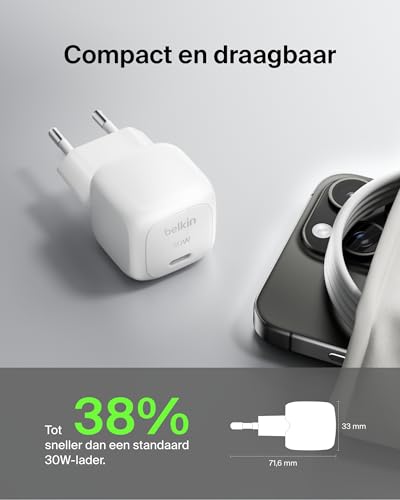 Belkin BoostCharge compacte 30 W wandlader, reisvriendelijk, USB-C Power Delivery, usb-c charger, oplader voor Apple iPhone Serie 15, 14, 13, Samsung Galaxy S24, S23, iPad, AirPods, tablet etc. - Wit - Afbeelding 4