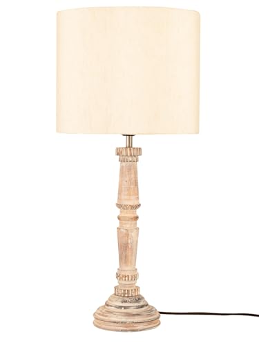 Image of Green Girgit Empire Wooden Lamp in Distress White Color with Jute White Lamp Shade, Reading & Bedside Table Lamp, Home & Living Room Decor Item