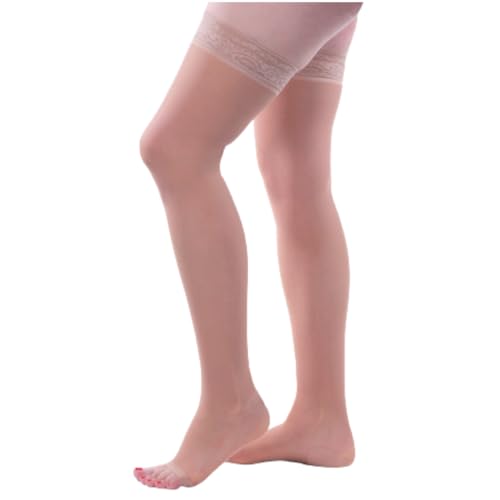 Image of Allegro Women's Sheer Thigh High Compression Stockings 15-20 mmHg Open Toe | Graduated support hose with lace-silicone stay-up band and reciprocated heel for secure hold, soft feel and daily comfort