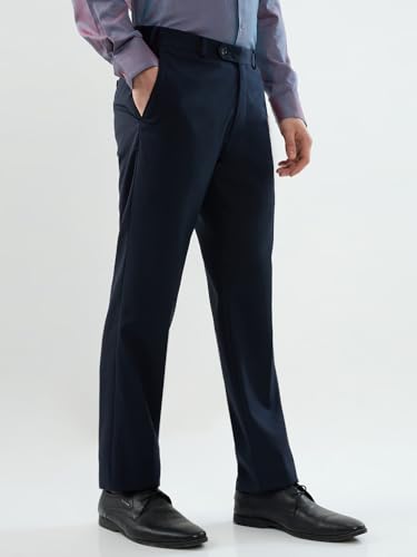 Image of Raymond Men Regular Fit Solid Pattern Poly Wool Blend Flat Front Formal Trouser