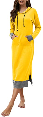 Venforze Damen Langarm Colorblock Hoodie Sweatshirt Kleid mit Tasche, 01-Gelb, Klein Cover