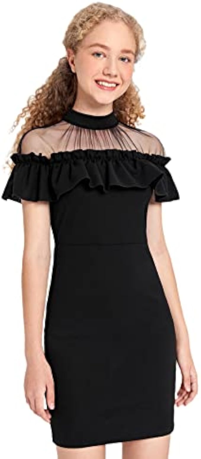 WDIRARA Girl's Mesh Ruffle Trim Short Sleeve Mock Neck Bodycon Short Dress