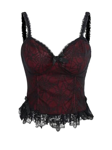 SHENHE Women's Lace Bow Front Spaghetti Strap V Neck Camisole Y2K Goth Crop Top Tank Red Black Large