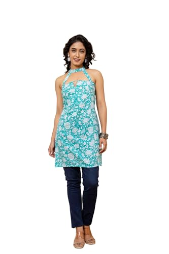 Image of Women's Printed Halter Neck Kurti Top | Sleeveless V-Neck Short Tunic with Back Tie-Up | Casual Ethnic & Summer Wear