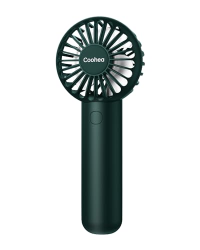 Coohea Mini Handheld Fan, Small Cute Design, 3 Powerful Speeds, USB Rechargeable Battery Operated, Personal Portable Fan with Base & Lanyard, for Eyelash Makeup Travel Beach Office Desk, Dark Green