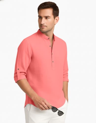 Image of Zombom Men's Cotton Blend Kurta Shirt with Full Sleeves Mandarin Collar Neck Solid Pattern for Men Regular Fit Ethnic Wear Casual Festive Top Modern Style | Cotton Shirt for Mens