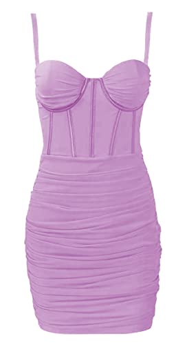 FEOYA Women's Spaghetti Strap Bodycon Dress Short Ruched Clubbing Dresses Mesh Tulle Corset Mini Dress Casual Backless Strappy Skirt Summer Sexy Fishbone Skirts Party Cocktail Solid A Purple S