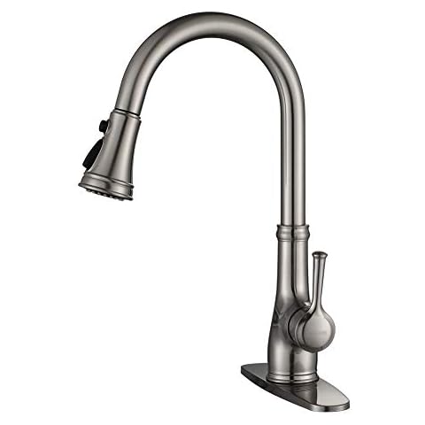 Kitchen Faucet-WEWE Single Handle Stainless Steel Brushed Nickel Pull Down Kitchen Sink Faucet with Pull Out Sprayer Cover