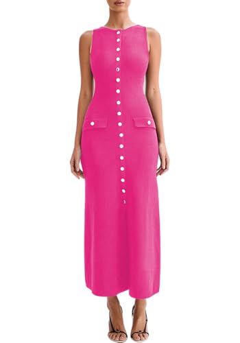 Image of Famnbro Womens Elegant Dress Knit Sleeveless 2025 Summer Button Bodycon Office Work Business Casual Dresses