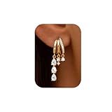 Roheafer Pendientes de aro triples chapados en oro de 14 quilates para mujer, hipoalergénicos, de plata de ley 925, con circonita cúbica, cadena colgante, aretes pequeños, joyería para mujer, Cobre