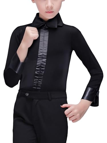 Linjinx Justaucorps Danse Latine Enfant Garçon Tenues de Gymnastique Manche Longue Léotard Danse Latine Jazz Tango Bodysuit Combinaison Patinage Artistique 5-16 ans Noir 9-10 ans