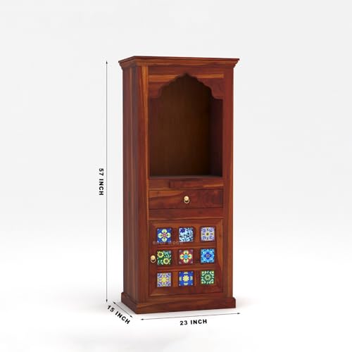 Image of Solid Wood Premium Sheesham Wood Temple for Home Big Size 5 Feet with Door Storage Cabinet Wooden Mandir for Pooja Room Honey Finish