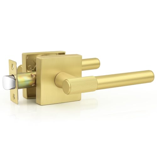 Probrico 1 Pack Brushed Gold Knurled Door Lock, Closet Door Knob, Square Interior Door Handle Set, Heavy Duty Passage Door Handle with Revsersible Lever for Closet and Hallway