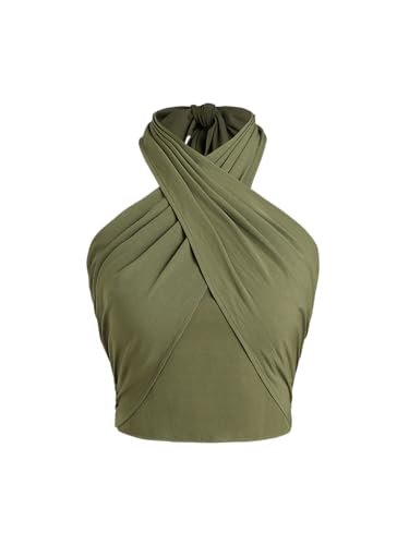 CIDER Cross Halter Shirred Back Crop Top: Green, XS at Amazon