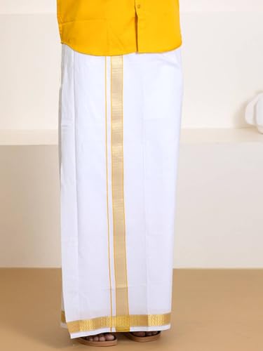 Image of RAMRAJ COTTON Men Premium Cotton Full Sleeves Shirt and Fancy Border Dhoti Set Luxe Set