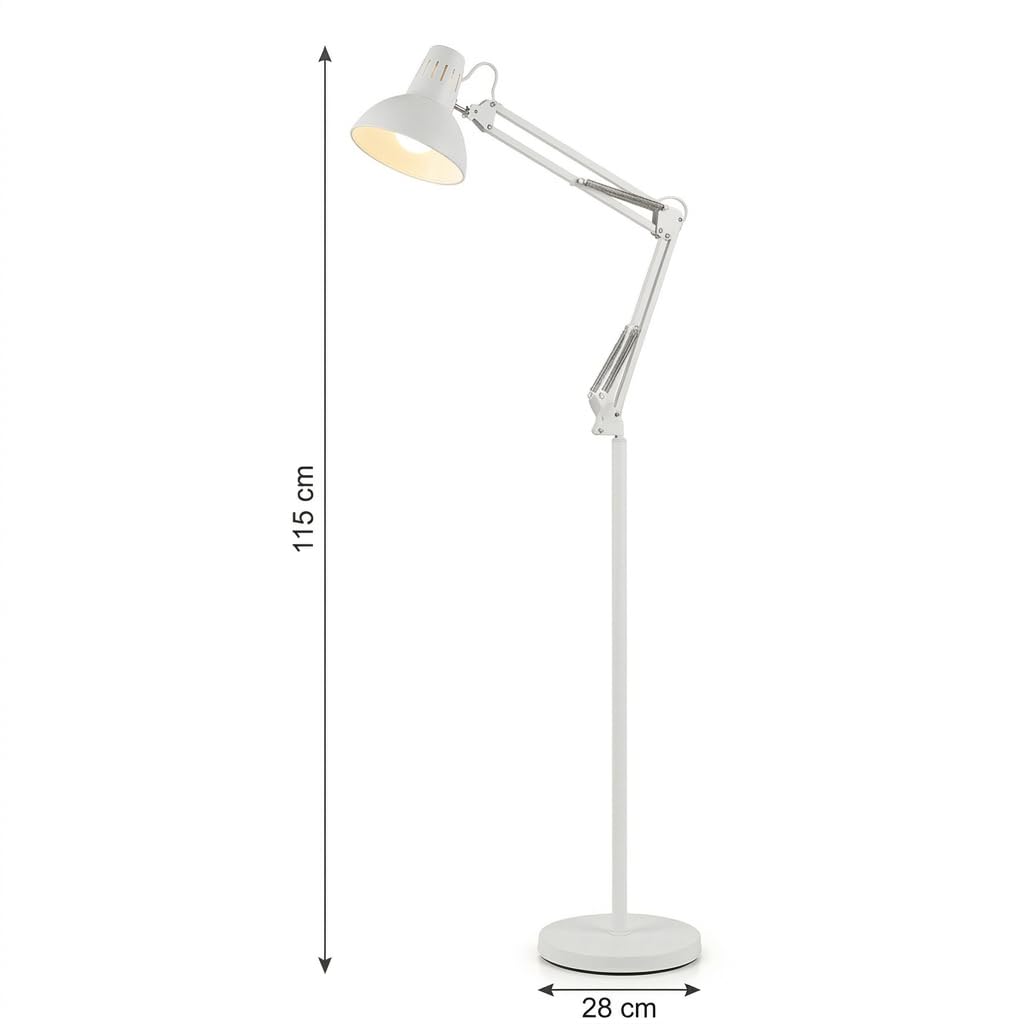 MAKA Lampada da Terra Moderna Piantana per Soggiorno Luce Lettura Orientabile Metallo Presa E27 Lampada da Ufficio Design Minimalista Illuminazione Interni Base Stabile 28x28x115cm 5kg (Bianco)