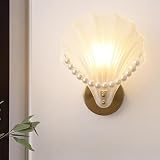 LONGDUOU Lampada da parete minimalista Lampada da comodino for camera da letto Luce nordica Lusso Bianco Conchiglia di mare Vetro smerigliato Lampada da parete in cristallo Lampada da parete Perla Dec